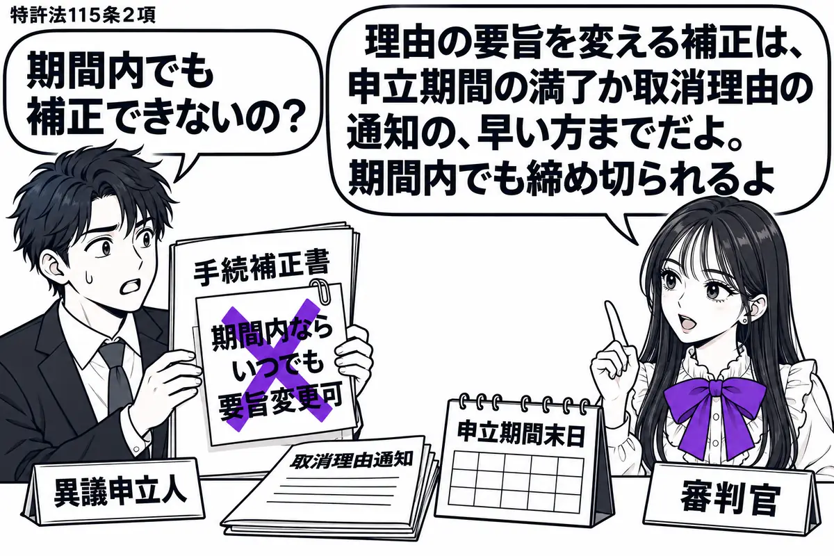 先生が机の右にいる審判官役(札「審判官」)。左の男性(札「異議申立人」)が「手続補正書」を持ち、机には届いた取消理由通知と申立期間末日のカレンダーが並ぶ。補正書の付箋「期間内ならいつでも要旨変更可」にヴァイオレットの×印。先生の吹き出し「理