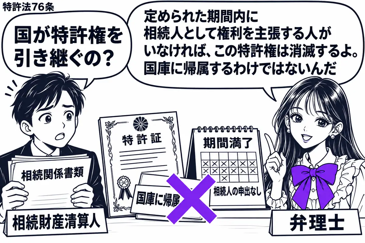 先生が右で弁理士役(札「弁理士」)。左に相続関係の書類を持つ人(札「相続財産清算人」)。机に故人の特許証と、相続人の申出がないまま期間を過ぎたカレンダーを置く。特許証に添えた付箋「国庫に帰属」にヴァイオレットの×印。先生の吹き出し「定められ
