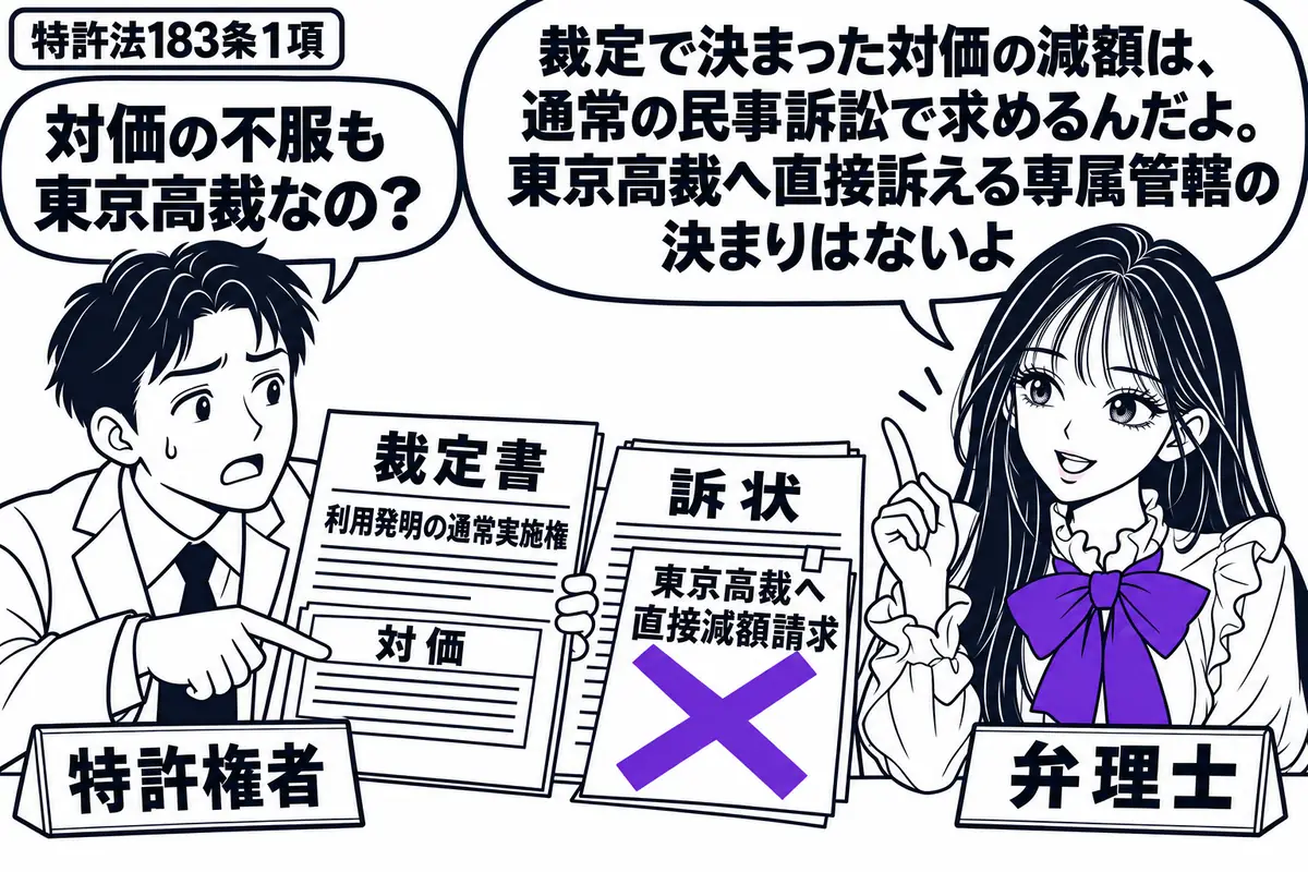 先生が相談机の右にいる弁理士役(札「弁理士」)。左の男性(札「特許権者」)が、利用発明の通常実施権についての裁定書を広げ、対価の欄を指す。隣の訴状に貼った「東京高裁へ直接減額請求」の付箋にヴァイオレットの×印。先生の吹き出し「裁定で決まった