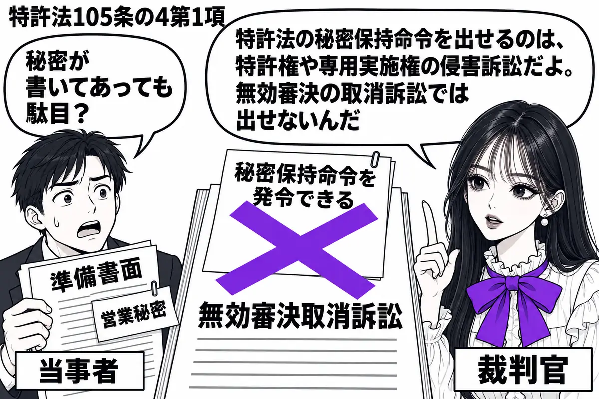 先生が右の法廷で裁判官役(札「裁判官」)。左に「営業秘密」の付箋が付いた準備書面を持つ人(札「当事者」)。中央に「無効審決取消訴訟」の事件書類を置き、その上の付箋「秘密保持命令を発令できる」にヴァイオレットの×印。先生の吹き出し「特許法の秘