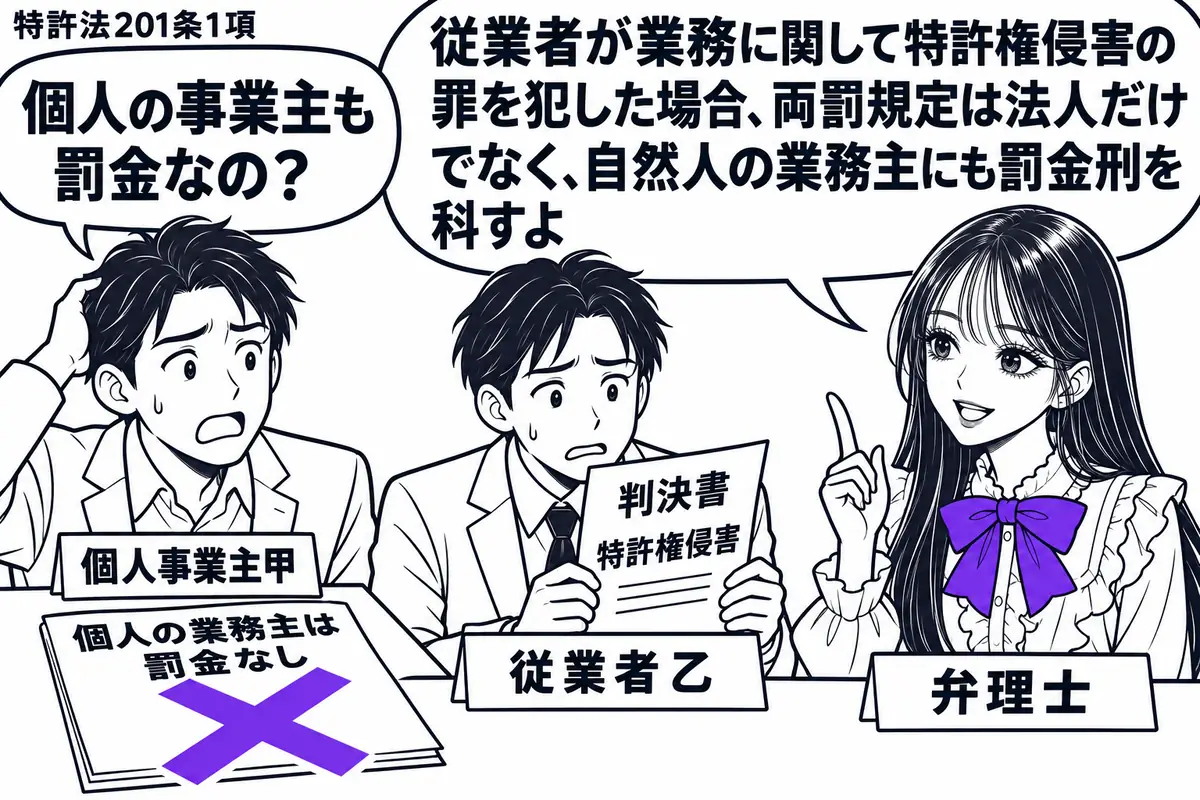 先生が相談机の右にいる弁理士役（札「弁理士」）。左に男性二人（札「個人事業主甲」「従業者乙」）。乙が業務で他人の特許権を侵害した判決書を持ち、甲は「個人の業務主は罰金なし」の付箋を机に置く。その付箋にヴァイオレットの×印。先生の吹き出し「従