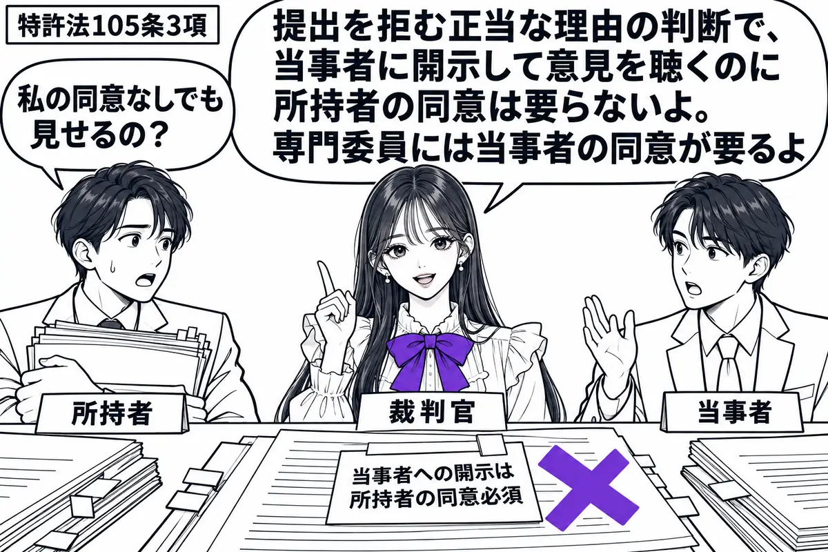 先生が中央の法廷で裁判官役(札「裁判官」)。左に書類を抱える人(札「所持者」)、右に意見を述べようとする人(札「当事者」)。机の提示書類に付いた「当事者への開示は所持者の同意必須」の付箋にヴァイオレットの×印。先生の吹き出し「提出を拒む正当