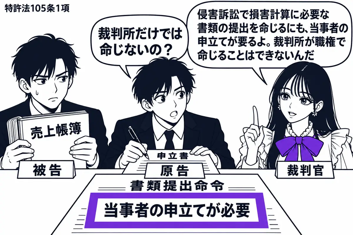 先生が右の法廷で裁判官役(札「裁判官」)。左に売上帳簿を持つ人(札「被告」)、中央に申立書を書いている人(札「原告」)。机の「書類提出命令」の用紙に付箋「当事者の申立てが必要」を貼り、ヴァイオレットの枠で囲む。先生の吹き出し「侵害訴訟で損害