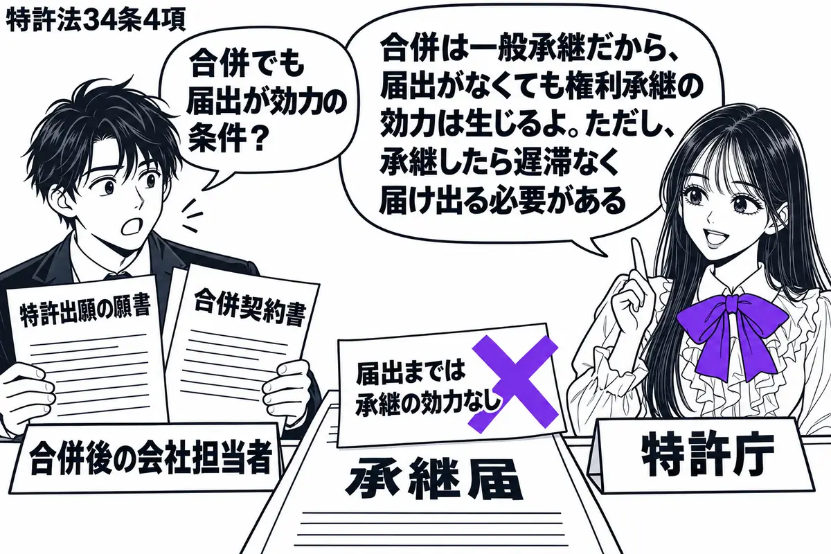 先生が右の窓口に立つ特許庁の担当者役(札「特許庁」)。左の男性(札「合併後の会社担当者」)が特許出願の願書と合併契約書を持つ。机の承継届に貼った「届出までは承継の効力なし」の付箋にヴァイオレットの×印。先生の吹き出し「合併は一般承継だから、