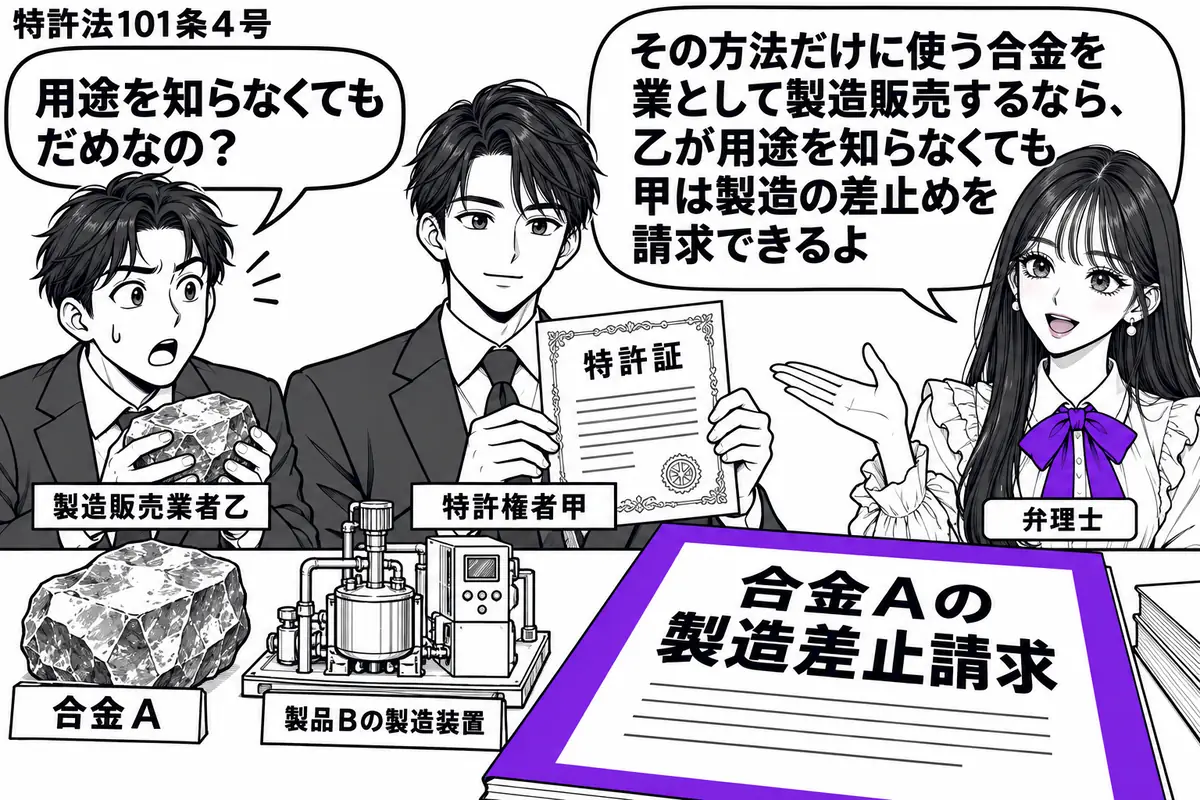 先生が弁理士役(札「弁理士」)で右に立つ。左に合金の塊を抱えた男性(札「製造販売業者乙」)、中央に特許証を持つ男性(札「特許権者甲」)。机には合金Aと製品Bの製造装置の模型を置き、甲の「合金Aの製造差止請求」の書類をヴァイオレットの枠で囲む