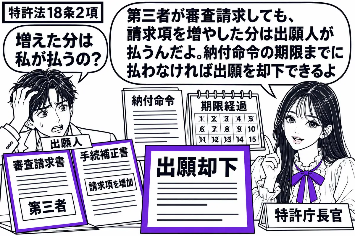 先生が特許庁長官役(札「特許庁長官」)で右に座る。左の男性(札「出願人」)の前に、第三者の審査請求書と請求項を増やした手続補正書。中央に納付を命じた書面と期限を過ぎた暦を置き、「出願却下」の書類をヴァイオレットの枠で囲む。先生の吹き出し「第