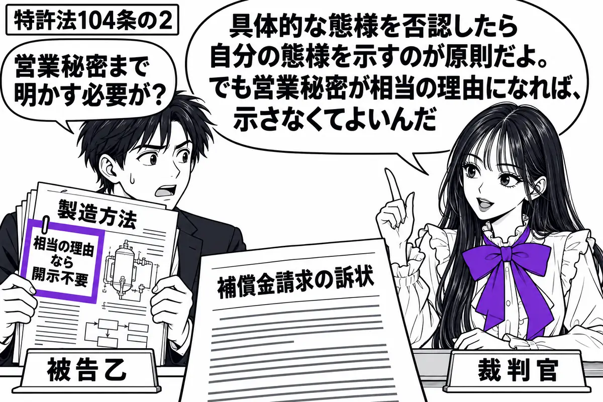 先生が裁判官役(札「裁判官」)で右の机。左に製造方法の資料を抱えた男性(札「被告乙」)、中央に補償金請求の訴状を置く。資料に付けた「相当の理由なら開示不要」の付箋をヴァイオレットの枠で囲む。先生の吹き出し「具体的な態様を否認したら自分の態様