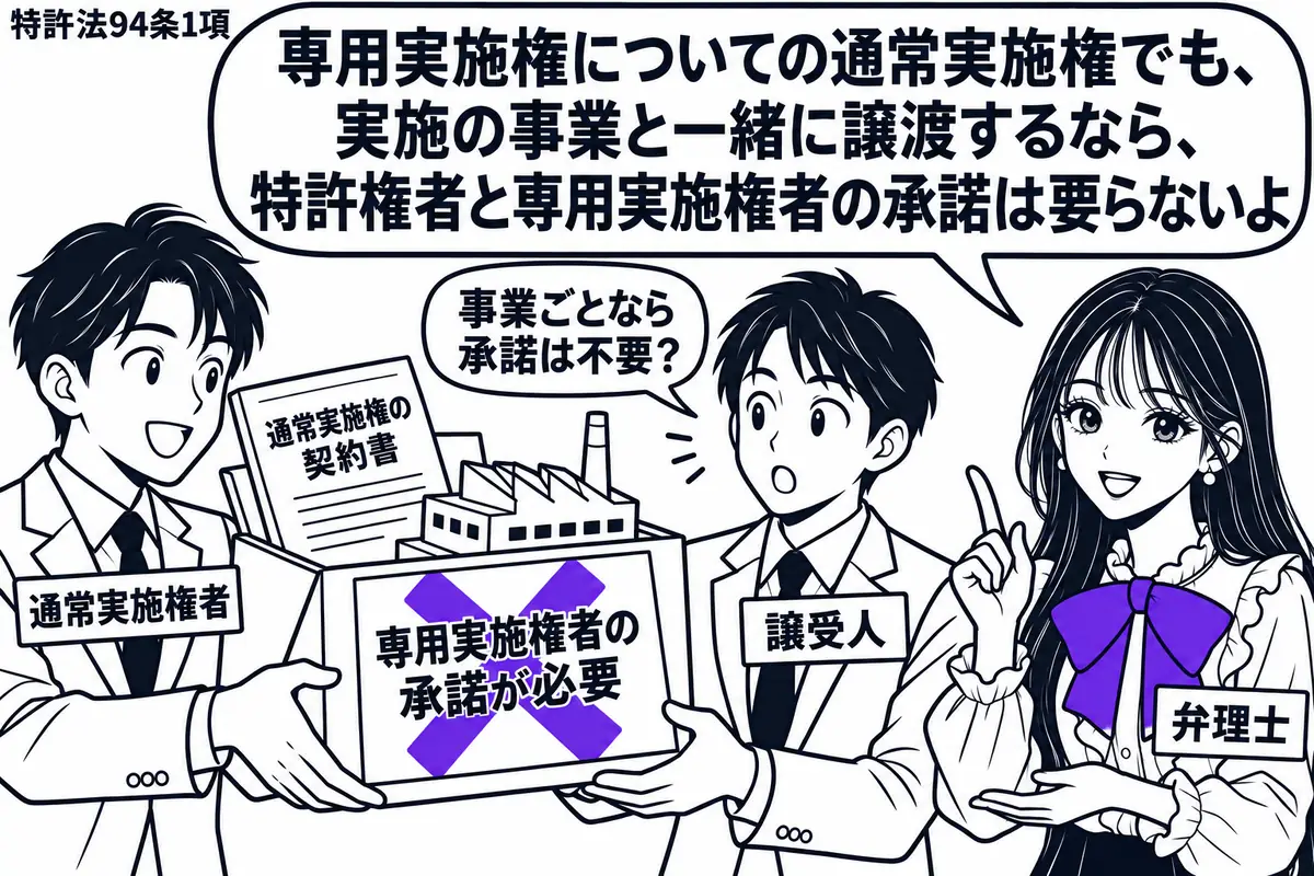 先生が弁理士役(札「弁理士」)で右に立つ。左の男性(札「通常実施権者」)が、工場の模型と通常実施権の契約書を一つの箱に入れ、中央の男性(札「譲受人」)に渡す。箱の「専用実施権者の承諾が必要」の付箋にヴァイオレットの×印。先生の吹き出し「専用