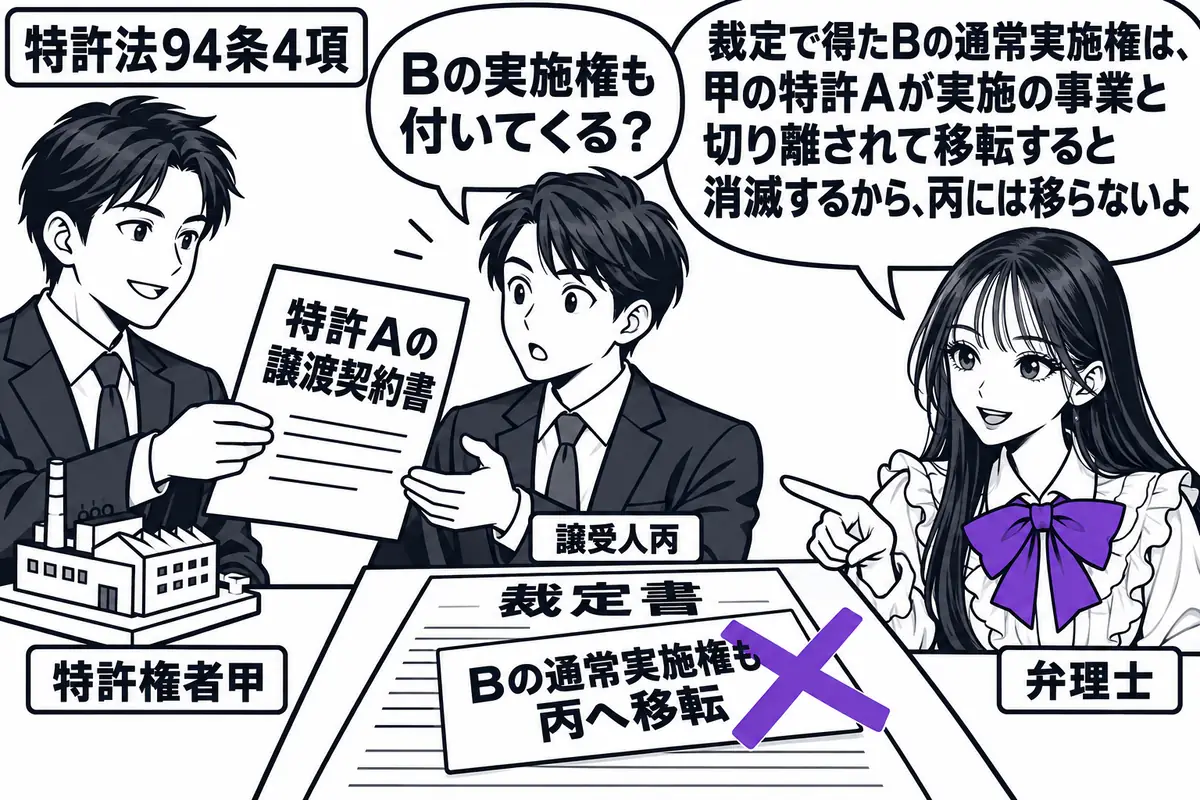 先生が弁理士役(札「弁理士」)で右に立つ。左の男性(札「特許権者甲」)が特許Aの譲渡契約書だけを中央の男性(札「譲受人丙」)へ渡し、工場の模型は甲の手元に残す。裁定書に貼った「Bの通常実施権も丙へ移転」の付箋にヴァイオレットの×印。先生の吹