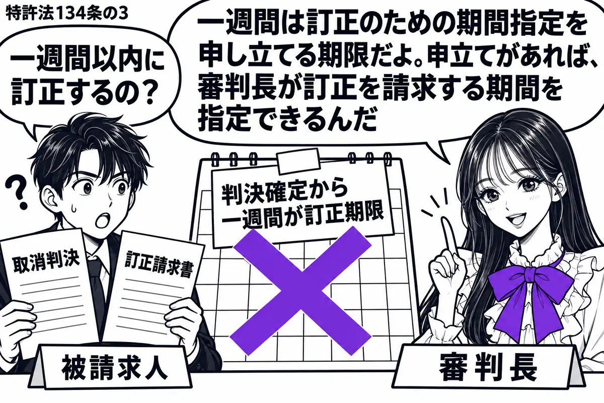 先生が審判長役（札「審判長」）で右の机。左の男性（札「被請求人」）が取消判決の書類と訂正請求書を持つ。中央のカレンダーに貼った「判決確定から一週間が訂正期限」の付箋にヴァイオレットの×印。先生の吹き出し「一週間は訂正のための期間指定を申し立