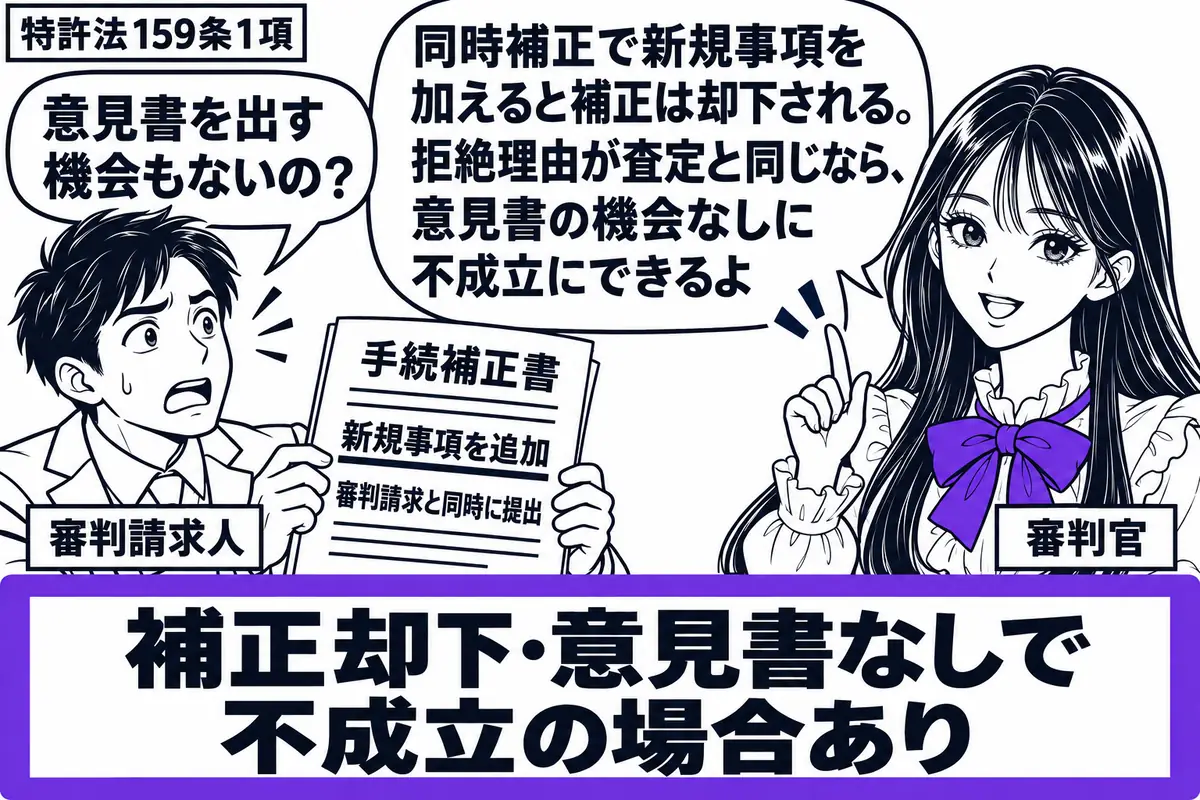 先生が審判官役(札「審判官」)で右。左の男性(札「審判請求人」)が、審判請求と同時に提出した、新規事項を足した手続補正書を持つ。机の処理メモ「補正却下・意見書なしで不成立の場合あり」をヴァイオレットの枠で囲む。先生の吹き出し「同時補正で新規