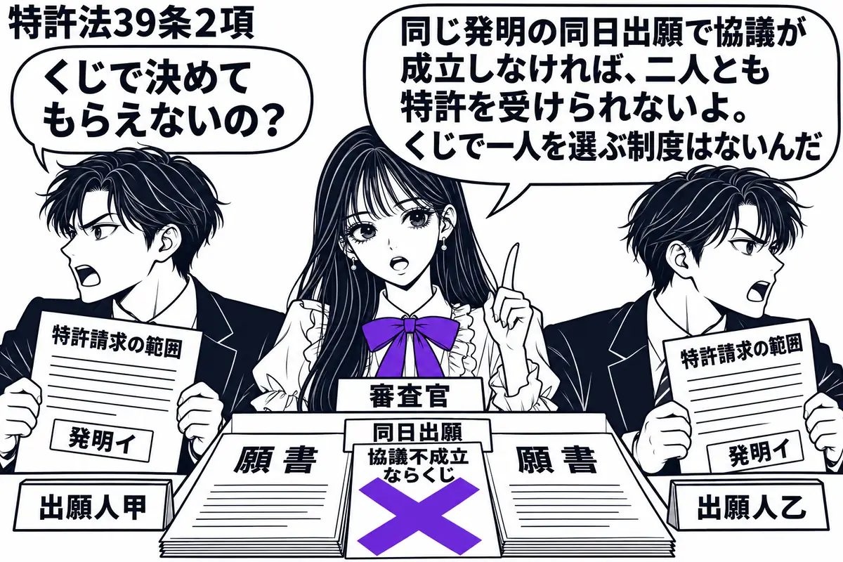 先生が審査官役(札「審査官」)で中央の机の奥。左右に男性二人(札「出願人甲」「出願人乙」)が同じ発明イの特許請求の範囲を持ち、背を向け合う。机の同日出願の願書二枚に添えた「協議不成立ならくじ」の付箋に大きなヴァイオレットの×印。先生の吹き出