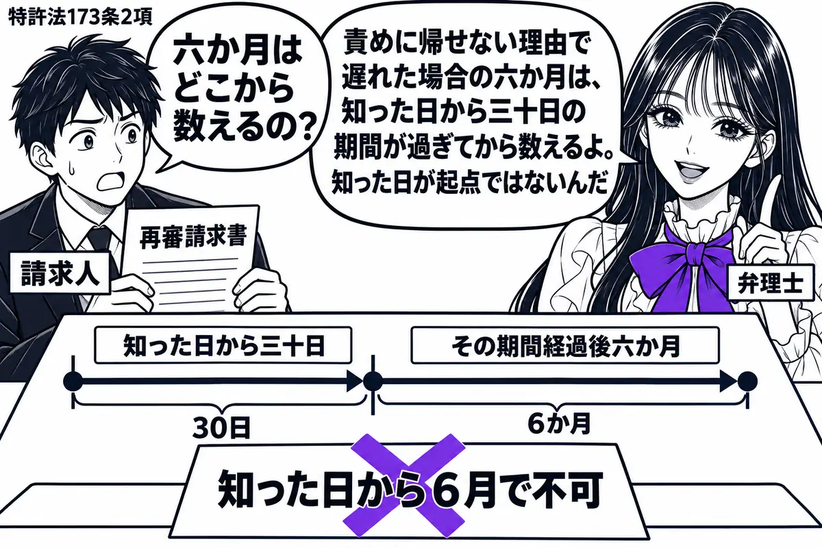 先生が弁理士役（札「弁理士」）で右。左に再審請求書を持つ男性（札「請求人」）。机には知った日から三十日、その期間経過後六か月を区切った日程表。「知った日から６月で不可」の付箋にヴァイオレットの×印。先生の吹き出し「責めに帰せない理由で遅れた