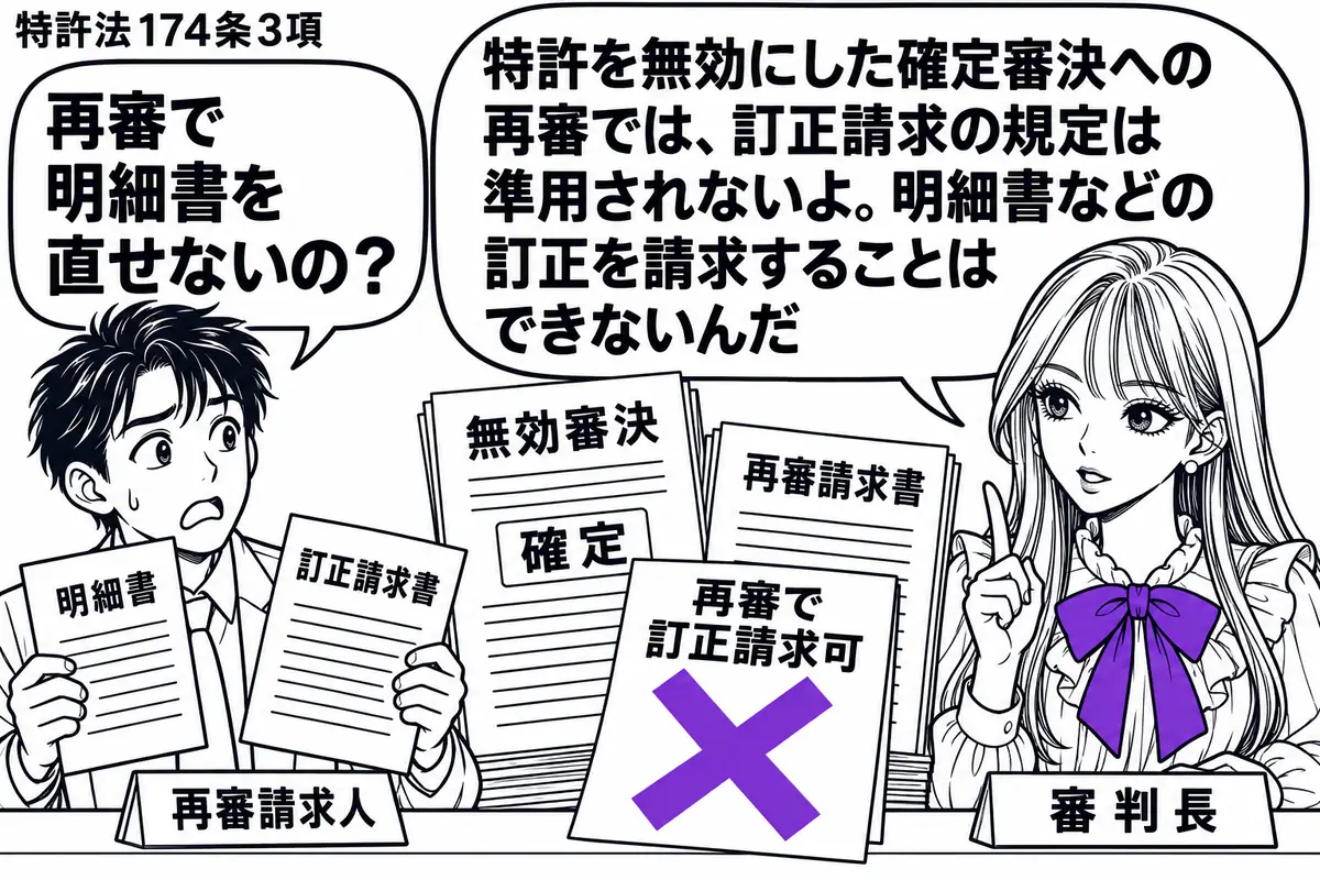 先生が審判長役（札「審判長」）で机の右。左に明細書と訂正請求書を持つ男性（札「再審請求人」）。中央に無効審決の確定を示す書類と再審請求書を置く。「再審で訂正請求可」の付箋に大きなヴァイオレットの×印。先生の吹き出し「特許を無効にした確定審決