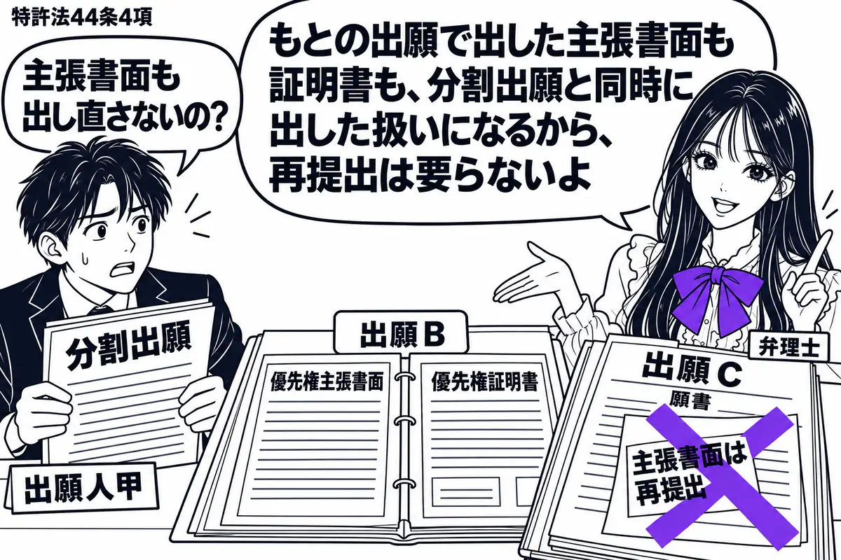 先生が机の右に立つ弁理士役(札「弁理士」)。左に分割出願の書類を持つ男性(札「出願人甲」)。中央に出願Bのファイルを開き、優先権主張書面と優先権証明書を並べる。出願Cの願書に貼られた「主張書面は再提出」の付箋に大きなヴァイオレットの×印。先