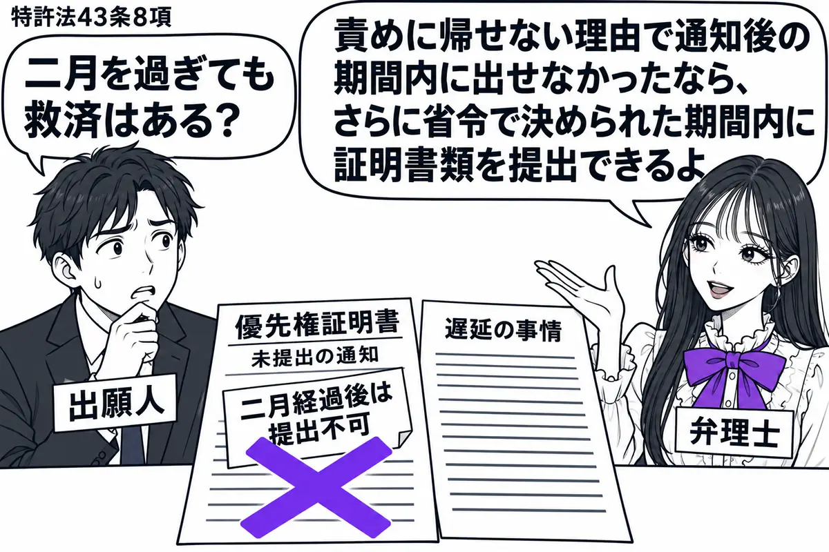先生が相談机の右に立つ弁理士役(札「弁理士」)。左に困り顔の男性(札「出願人」)。机には優先権証明書の未提出を知らせる通知と、遅延の事情を記した資料。通知に貼った「二月経過後は提出不可」の付箋に大きなヴァイオレットの×印。先生の吹き出し「責