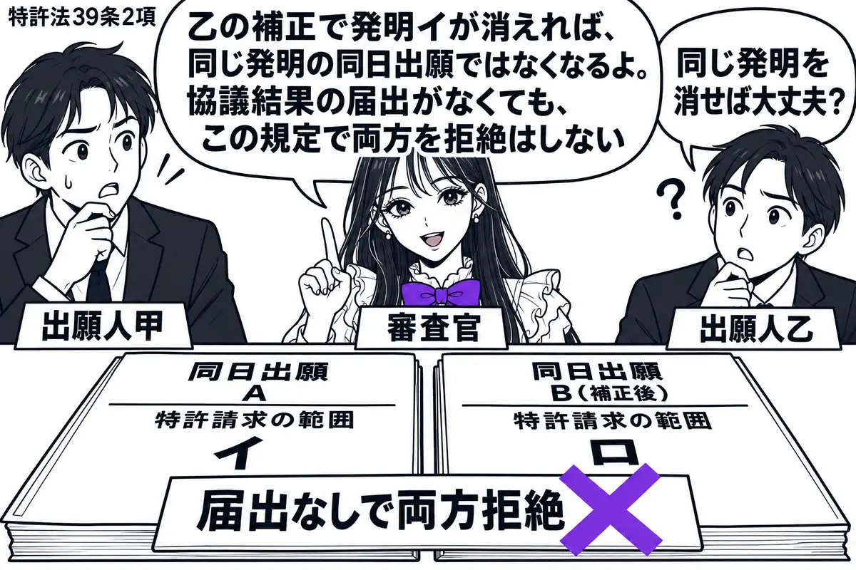 先生が中央の審査机にいる(札「審査官」)。左に甲、右に乙(札「出願人甲」「出願人乙」)。机に同日出願の特許請求の範囲を並べ、Aは「イ」、補正後のBは「ロ」のみを載せる。2冊にまたがる付箋「届出なしで両方拒絶」にヴァイオレットの×印。先生の吹