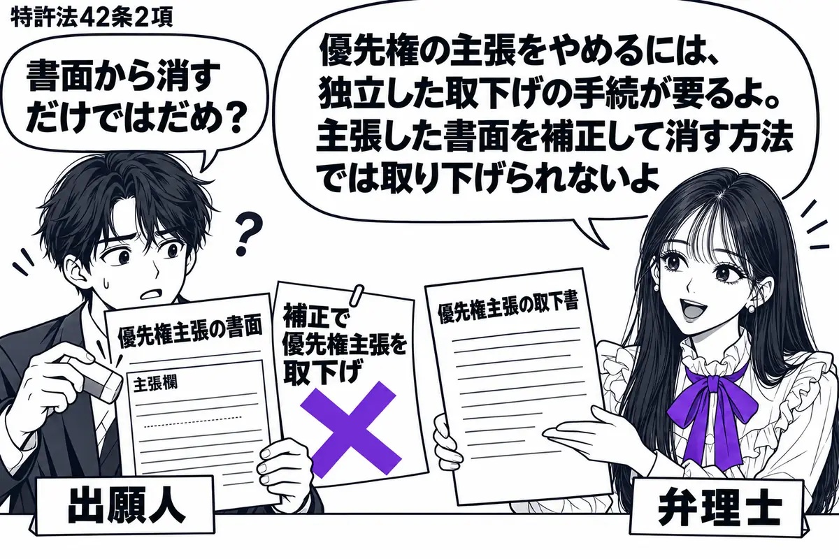 先生が相談机の右に立つ(札「弁理士」)。左に優先権主張の書面を持つ男性(札「出願人」)。男性は書面の主張欄を消そうと消しゴムを構え、その横の「補正で優先権主張を取下げ」の付箋にヴァイオレットの×印。先生は別に用意した優先権主張の取下書を差し