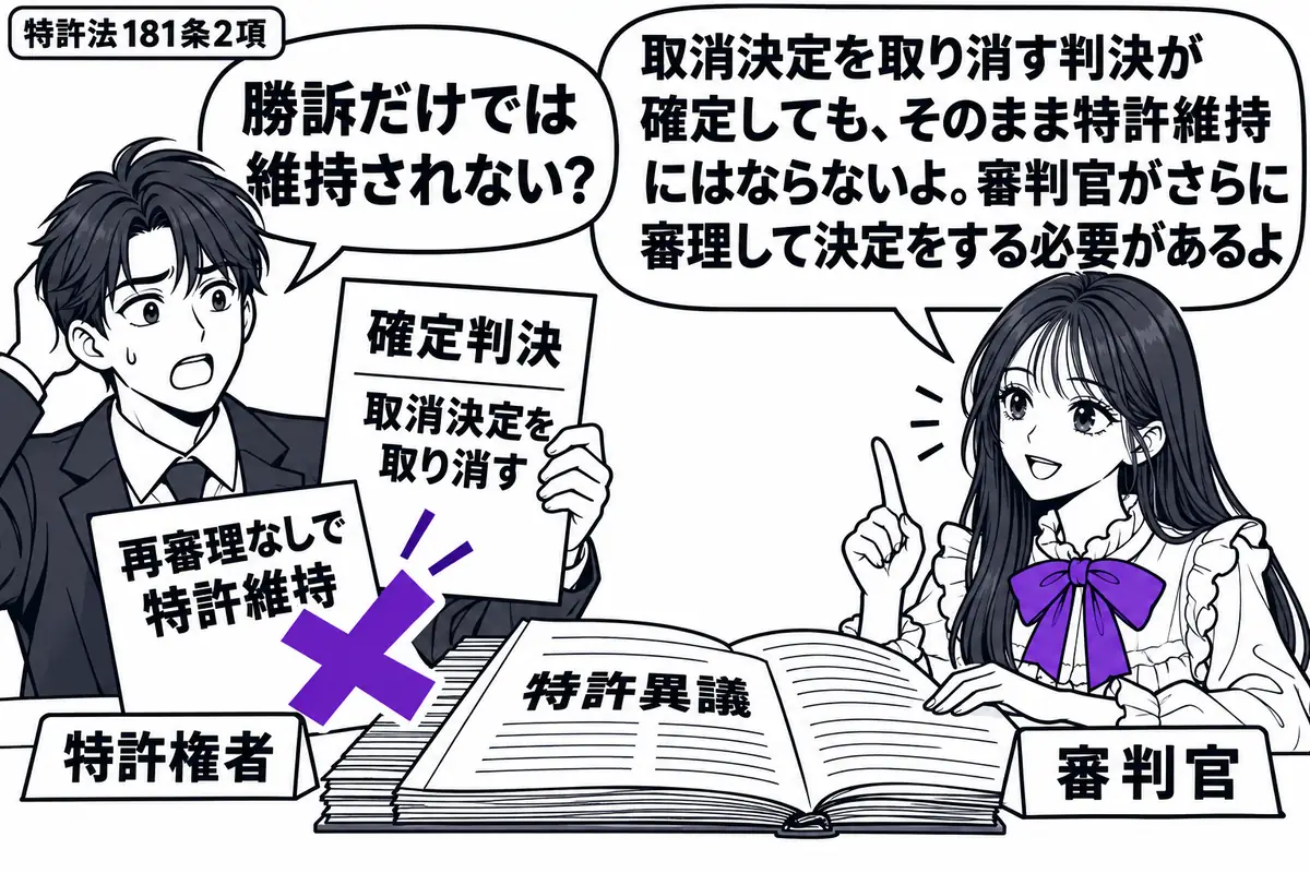 先生が審理机の右に立つ（札「審判官」）。左の男性（札「特許権者」）が取消決定を取り消す確定判決を掲げる。机には特許異議の書類が再び開かれ、男性が添えた「再審理なしで特許維持」の付箋にヴァイオレットの×印。先生は開いた記録に手を置く。先生の吹