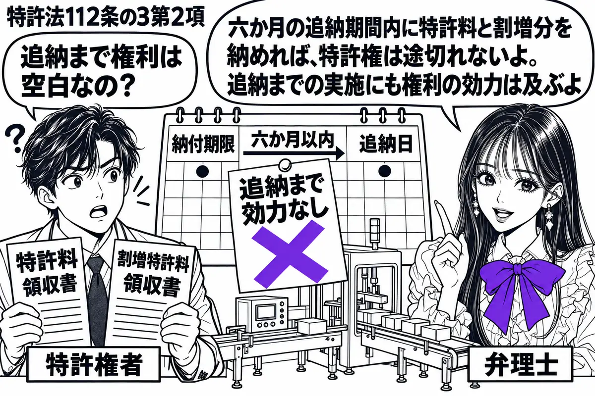 先生が机の右に立つ(札「弁理士」)。左に特許料と割増特許料の領収書を持つ男性(札「特許権者」)。中央の暦に納付期限とその後六か月以内の追納日を示し、その間に小さな製造機械を描く。暦の「追納まで効力なし」の付箋にヴァイオレットの×印。先生の吹