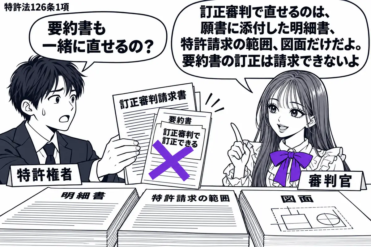 先生が審判官役（札「審判官」）で窓口の右。左の男性（札「特許権者」）が要約書を添えた訂正審判請求書を差し出す。机の脇に明細書、特許請求の範囲、図面の束。要約書に貼った「訂正審判で訂正できる」の付箋に大きなヴァイオレットの×印。先生の吹き出し