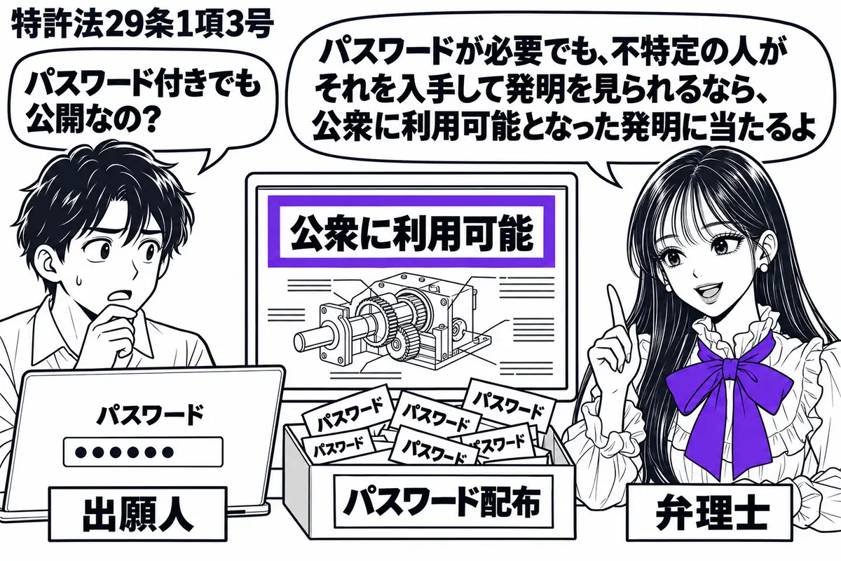 先生が弁理士役(札「弁理士」)で机の右。左の男性(札「出願人」)が、パスワード入力欄のある端末を見ている。中央に発明の図を表示した別の端末と、誰でも受け取れるパスワードの配布箱。画面の付箋「公衆に利用可能」をヴァイオレットの枠で囲む。先生の