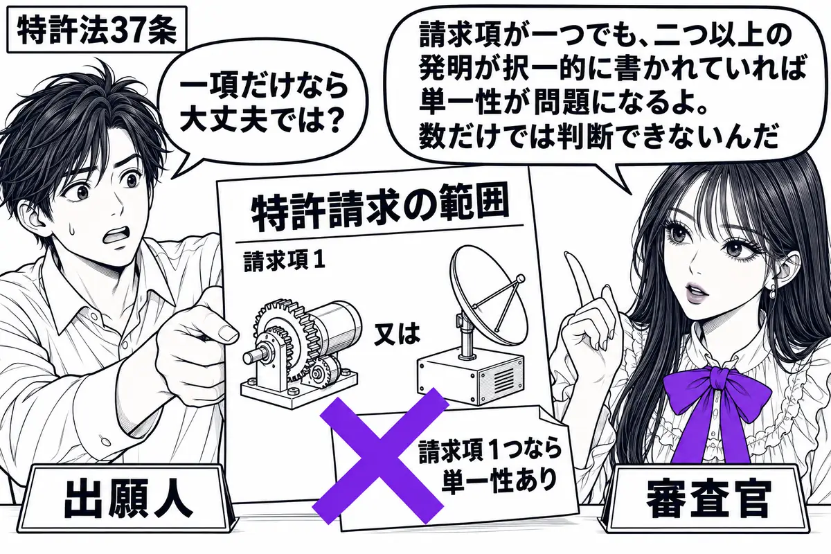 先生が審査官役(札「審査官」)で机の右。左の男性(札「出願人」)が特許請求の範囲を差し出す。紙の請求項1の中に二つの異なる装置の小図を並べ、間に「又は」。付箋「請求項1つなら単一性あり」にヴァイオレットの×印。先生の吹き出し「請求項が一つで