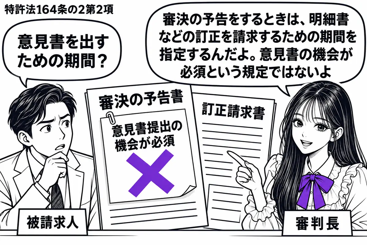 先生が審判長役（札「審判長」）で机の右。左に特許無効審判の被請求人（札「被請求人」）が座り、中央に審決の予告書と訂正請求書を置く。予告書の「意見書提出の機会が必須」の付箋にヴァイオレットの×印。先生の吹き出し「審決の予告をするときは、明細書