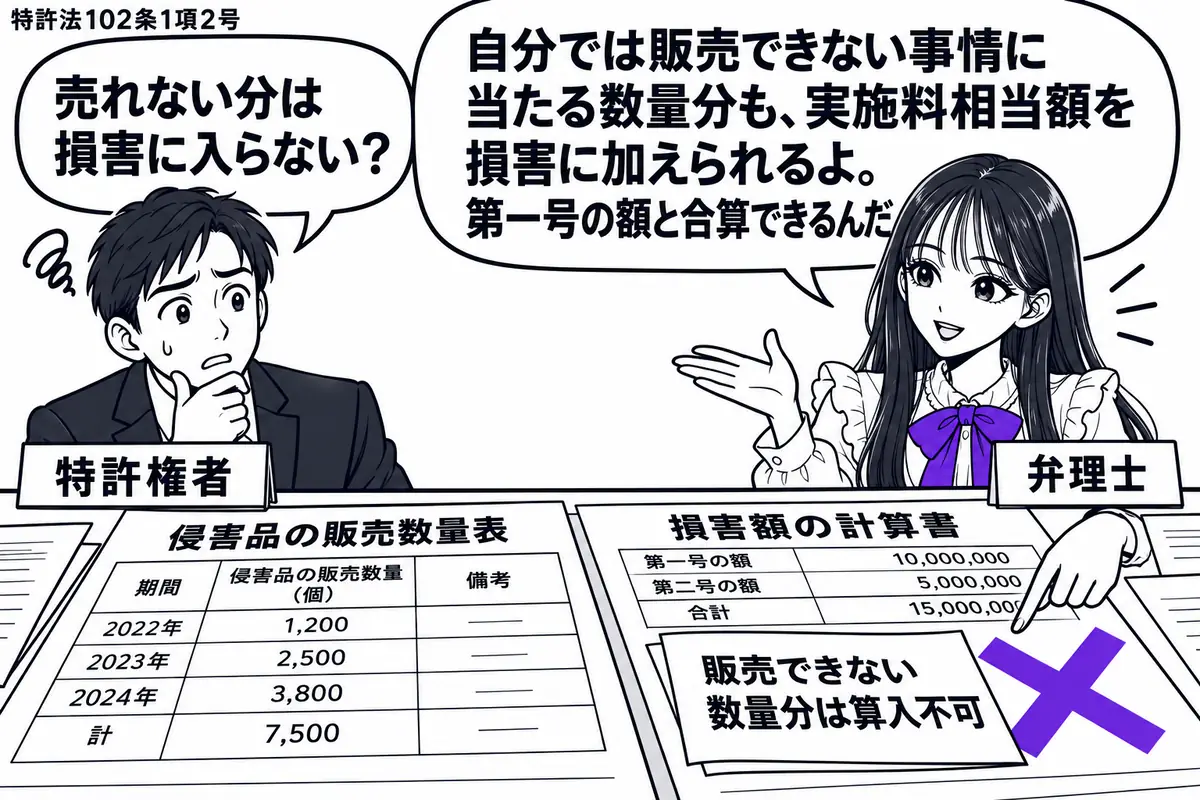 先生が弁理士役(札「弁理士」)で机の右。左に特許権者(札「特許権者」)が座り、机に侵害品の販売数量表と損害額の計算書を広げる。計算書の「販売できない数量分は算入不可」の付箋にヴァイオレットの×印。先生の吹き出し「自分では販売できない事情に当
