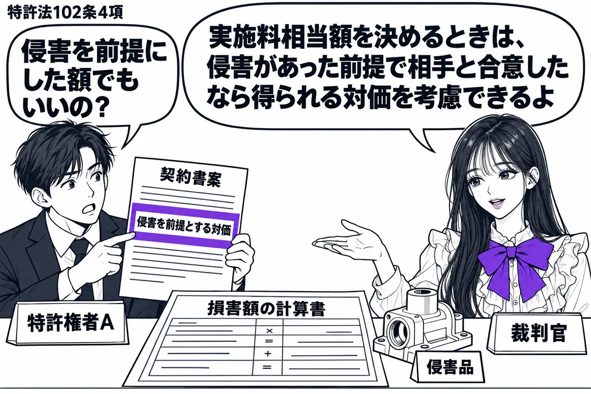 先生が法廷の右で裁判官役(札「裁判官」)。左に契約書の案を持つ男性(札「特許権者A」)。中央の机に損害額の計算書を広げ、その横に侵害品の模型を置く。契約書の「侵害を前提とする対価」の欄をヴァイオレットの枠で囲む。先生の吹き出し「実施料相当額