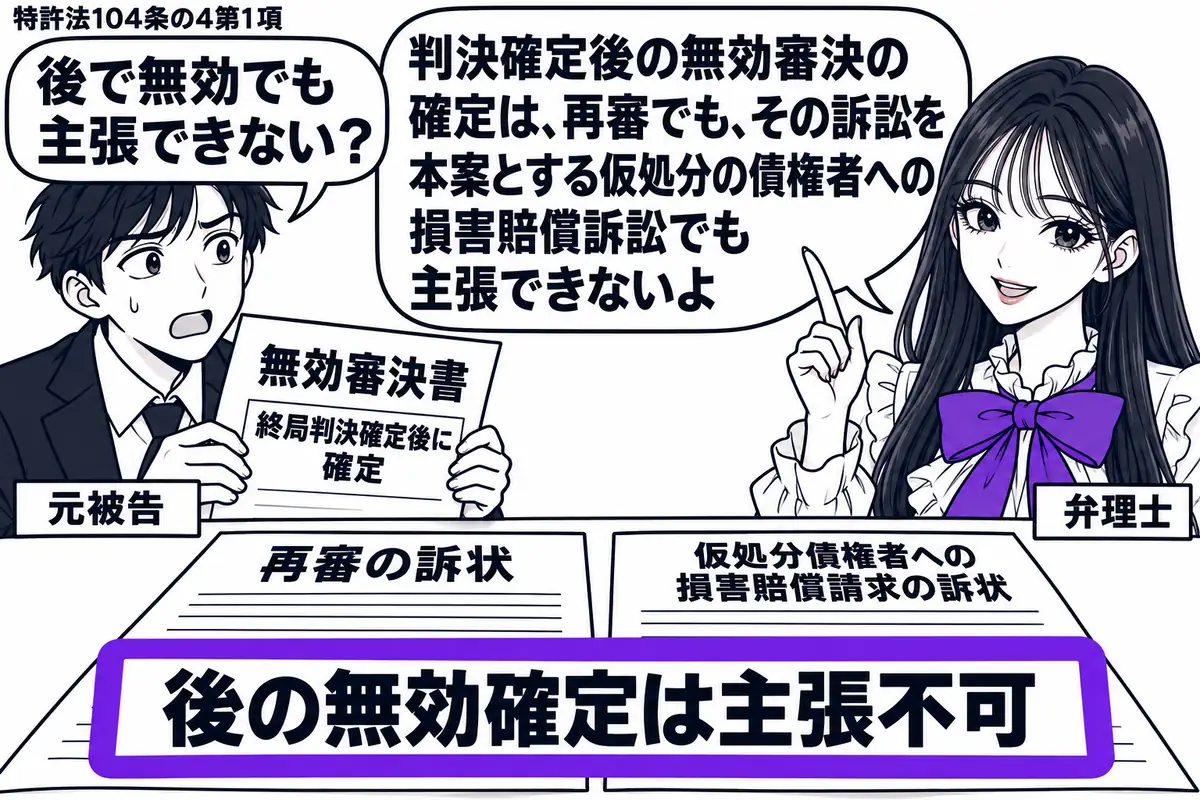 先生が弁理士役(札「弁理士」)で右。左の訴訟当事者(札「元被告」)が、確定した終局判決の後に確定した無効審決書を持つ。机に再審の訴状と仮処分債権者への損害賠償請求の訴状を並べ、両方にまたがる「後の無効確定は主張不可」の付箋をヴァイオレットの