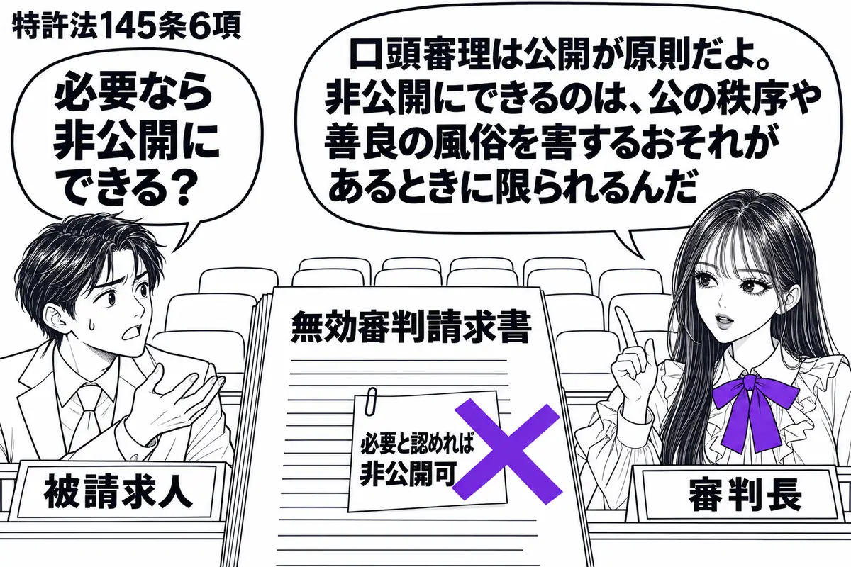 先生が審判長役(札「審判長」)で右の審判席。左に当事者(札「被請求人」)、中央に無効審判請求書を置き、奥に空の傍聴席を描く。請求書の「必要と認めれば非公開可」の付箋にヴァイオレットの×印。先生の吹き出し「口頭審理は公開が原則だよ。非公開にで