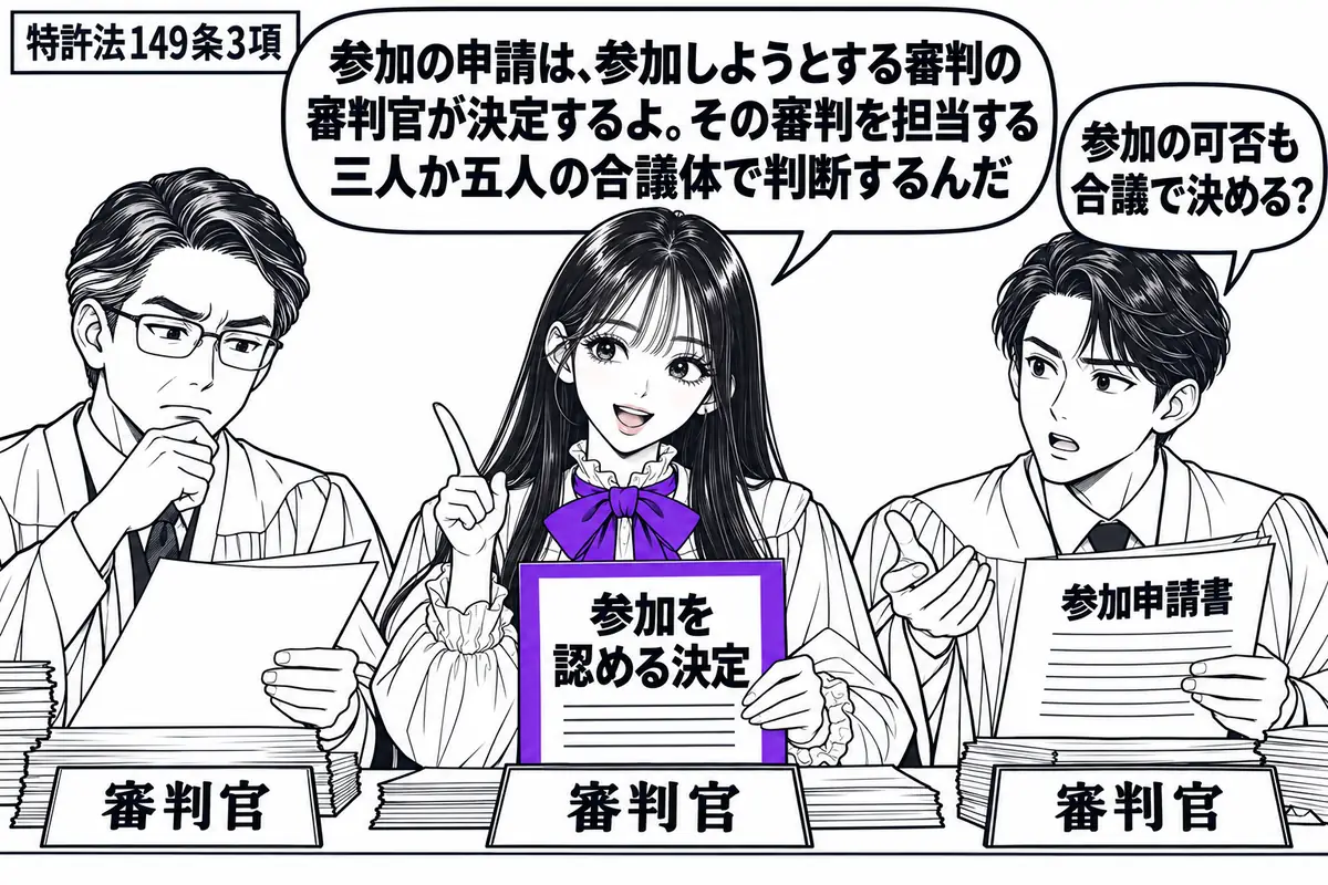 先生が審判官役（札「審判官」）で中央の審判席。左右に同じ無効審判を担当する審判官二人（札「審判官」「審判官」）が座り、参加申請書を一緒に確認する。中央の「参加を認める決定」の書類をヴァイオレットの枠で囲む。先生の吹き出し「参加の申請は、参加
