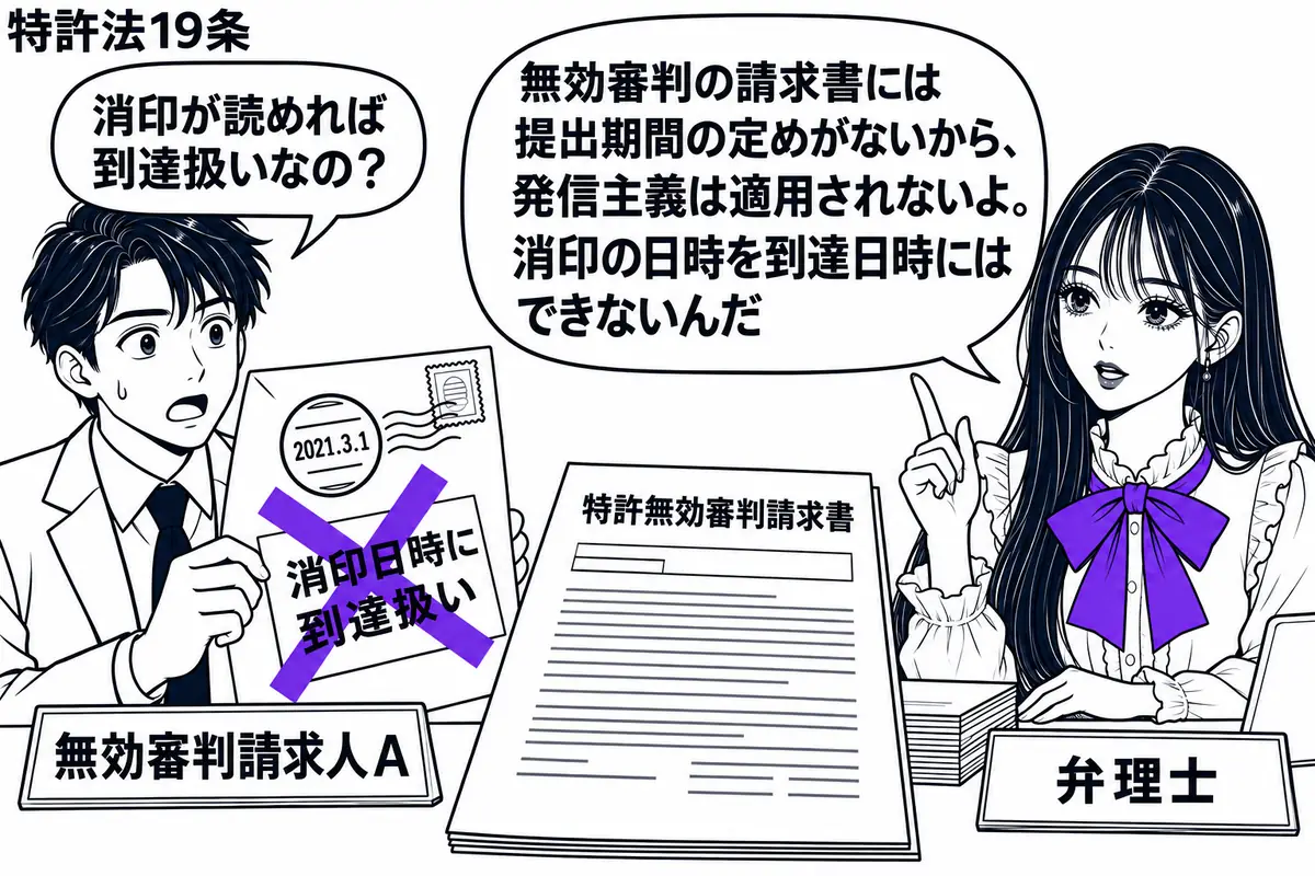 先生が受付机の右で弁理士役(札「弁理士」)。左に郵送用の封筒を持つ男性(札「無効審判請求人A」)。中央に特許無効審判請求書と、通信日付印が鮮明な封筒を置く。封筒に貼った「消印日時に到達扱い」の付箋にヴァイオレットの×印。先生の吹き出し「無効