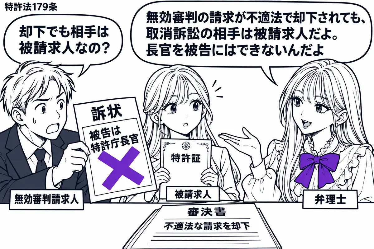 先生が右で弁理士役（札「弁理士」）。左に訴状を差し出す男性（札「無効審判請求人」）、奥に特許証を持つ女性（札「被請求人」）。机には不適法な請求を却下した審決書。訴状の「被告は特許庁長官」という付箋に大きなヴァイオレットの×印を付け、先生は奥