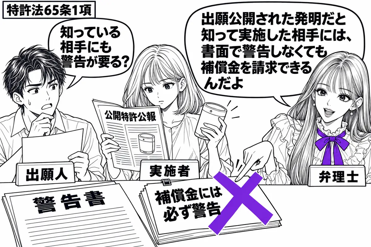先生が右で弁理士役（札「弁理士」）。左に警告書を持つ男性（札「出願人」）、奥に公開特許公報を読みながら製品を動かす女性（札「実施者」）。机の警告書に貼った「補償金には必ず警告」の付箋へ大きなヴァイオレットの×印を付ける。先生の吹き出し「出願