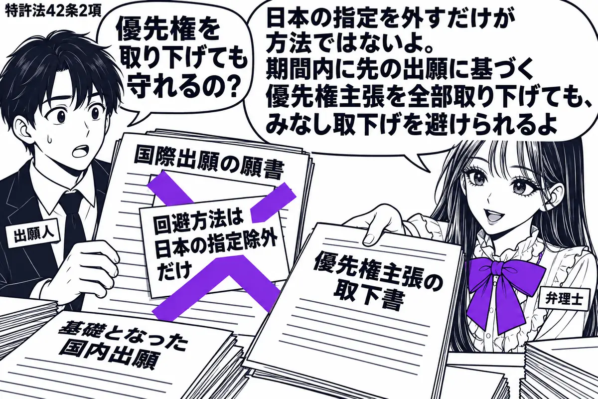 先生が右で弁理士役(札「弁理士」)。左に国際出願の願書を持つ男性(札「出願人」)。机には基礎となった国内出願の書類と優先権主張の取下書。願書の「回避方法は日本の指定除外だけ」の付箋に大きなヴァイオレットの×印を付け、先生が取下書を差し出す。