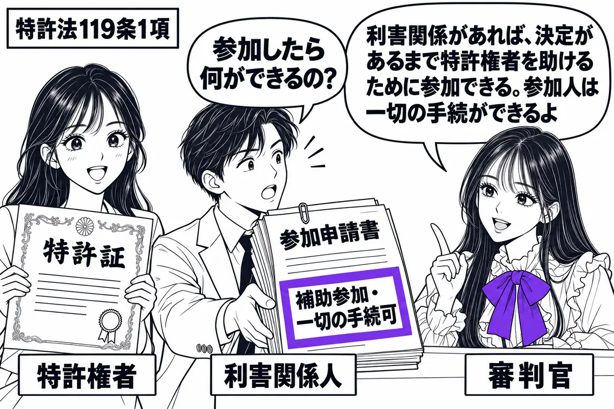 先生が審判官役(札「審判官」)で右の受付に座る。左に特許証を持つ女性(札「特許権者」)、隣に書類一式を差し出す男性(札「利害関係人」)。中央の参加申請書に添えた「補助参加・一切の手続可」の付箋をヴァイオレットの枠で囲む。先生の吹き出し「利害