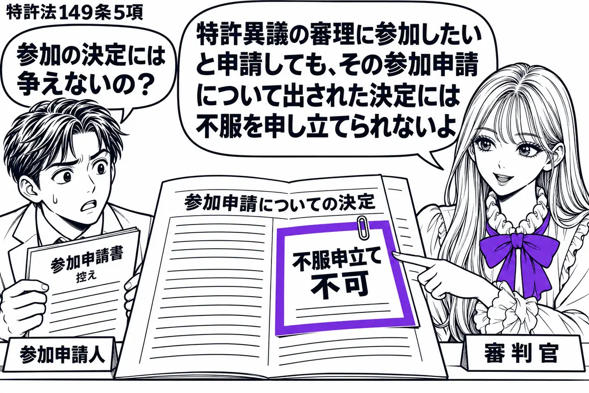 先生が審判官役(札「審判官」)で右に座る。左に参加申請書の控えを持つ男性(札「参加申請人」)。中央の机に参加申請についての決定書を開き、添えた「不服申立て不可」の付箋をヴァイオレットの枠で囲む。男性は決定書を見つめ、先生は付箋を指し示してい