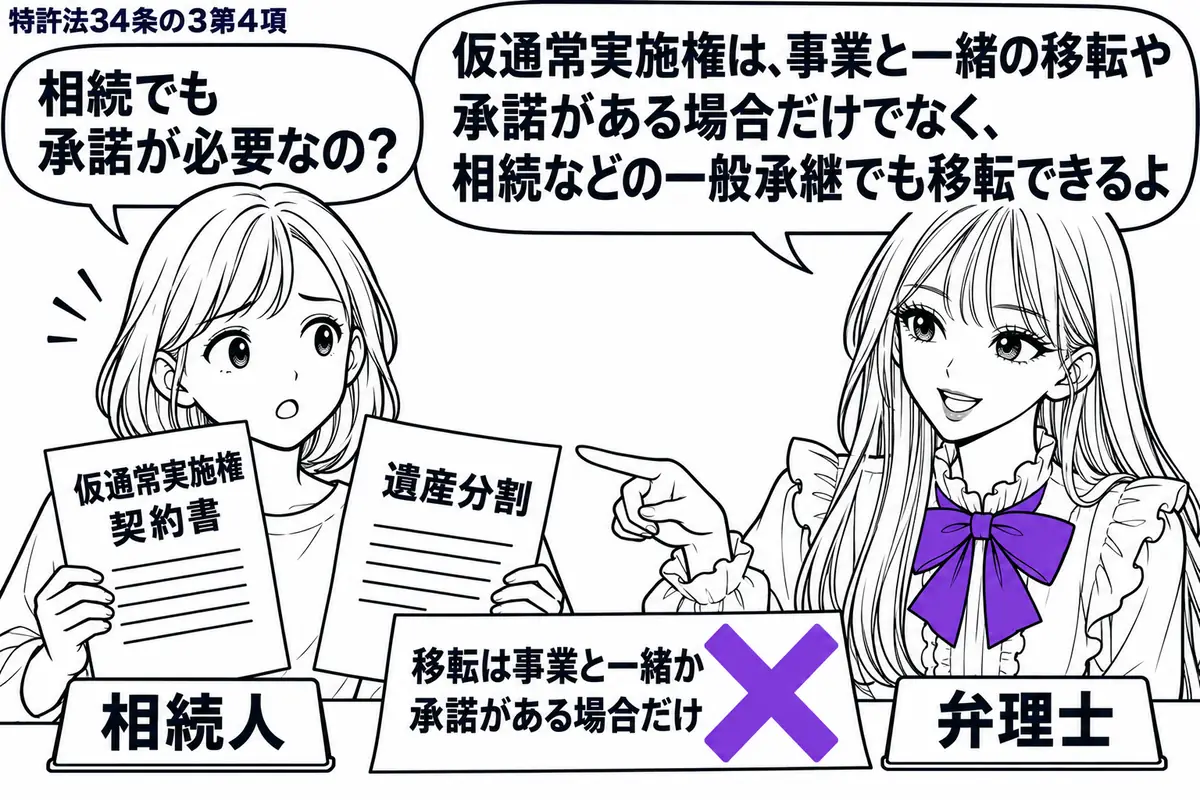 先生が相談机の右で弁理士役(札「弁理士」)。左の相続人(札「相続人」)が「仮通常実施権」の契約書と遺産分割の書類を持っている。机上の「移転は事業と一緒か承諾がある場合だけ」という付箋に大きなヴァイオレットの×印。先生は相続の書類を指さして説