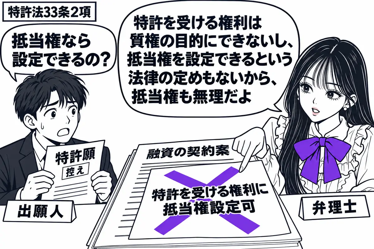 先生が弁理士役(札「弁理士」)で右の相談机に座る。左に特許願の控えを持つ男性(札「出願人」)。中央に融資の契約案を広げ、「特許を受ける権利に抵当権設定可」と書かれた付箋に大きなヴァイオレットの×印。先生は付箋の抵当権の文字を指している。先生