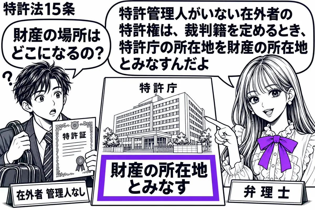 先生が右の相談机にいる弁理士役(札「弁理士」)。左に旅かばんと特許証を持つ男性(札「在外者 管理人なし」)。中央に特許庁の建物を描いた紙を置き、「財産の所在地とみなす」の欄をヴァイオレットの枠で囲む。先生が建物の位置を指で示す。先生の吹き出