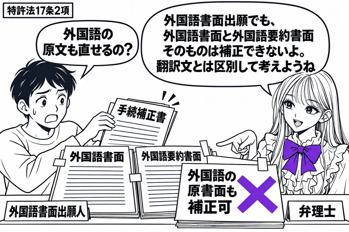 先生が右の相談机にいる弁理士役(札「弁理士」)。左の出願人(札「外国語書面出願人」)が外国語書面と外国語要約書面を並べ、手続補正書を重ねようとしている。「外国語の原書面も補正可」の付箋にヴァイオレットの×印。先生が原書面を指して説明する。先