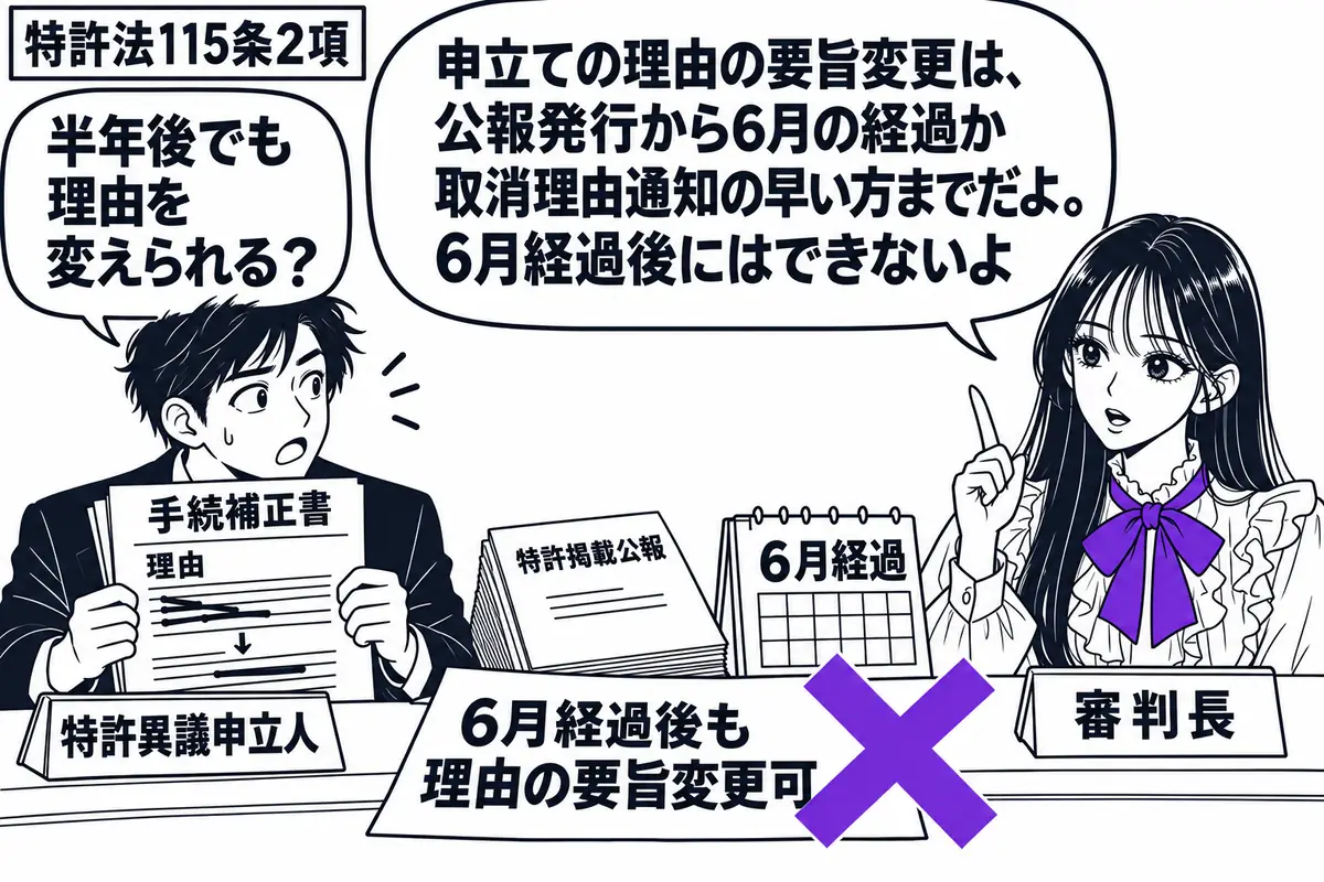 先生が右の審理机にいる審判長役(札「審判長」)。左の男性(札「特許異議申立人」)が理由を書き換えた手続補正書を持つ。机には特許掲載公報と6月経過を示す暦。「6月経過後も理由の要旨変更可」の付箋にヴァイオレットの×印。先生の吹き出し「申立ての