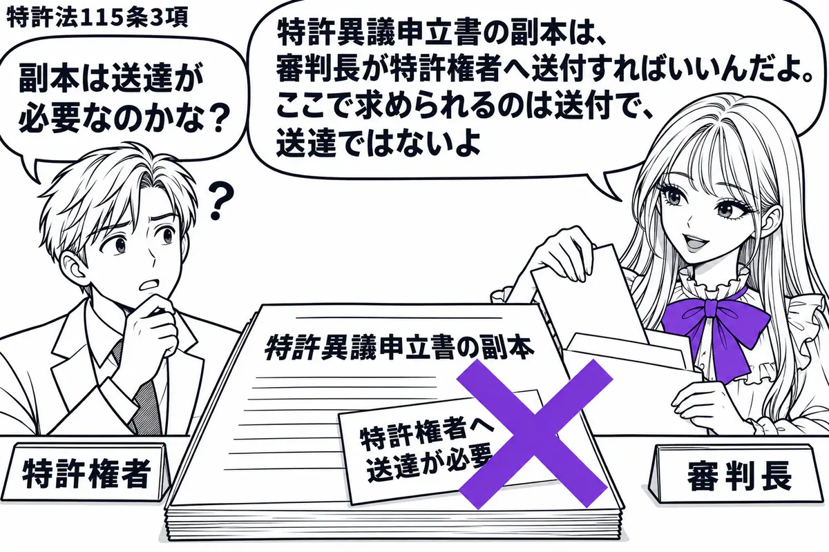 先生が右の発送机にいる審判長役(札「審判長」)。左に封筒を受け取る男性(札「特許権者」)。机に置いた特許異議申立書の副本に「特許権者へ送達が必要」の付箋が貼られ、そこにヴァイオレットの×印。先生は副本を封筒へ収める姿。先生の吹き出し「特許異