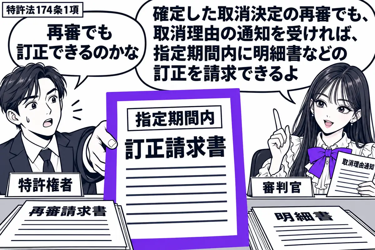先生が右の審理机に座る審判官役(札「審判官」)。左に取消決定を受けた男性(札「特許権者」)が立ち、机に再審請求書と明細書を置く。先生の手元には取消理由通知があり、男性が差し出す指定期間内の訂正請求書をヴァイオレットの枠で囲む。先生の吹き出し