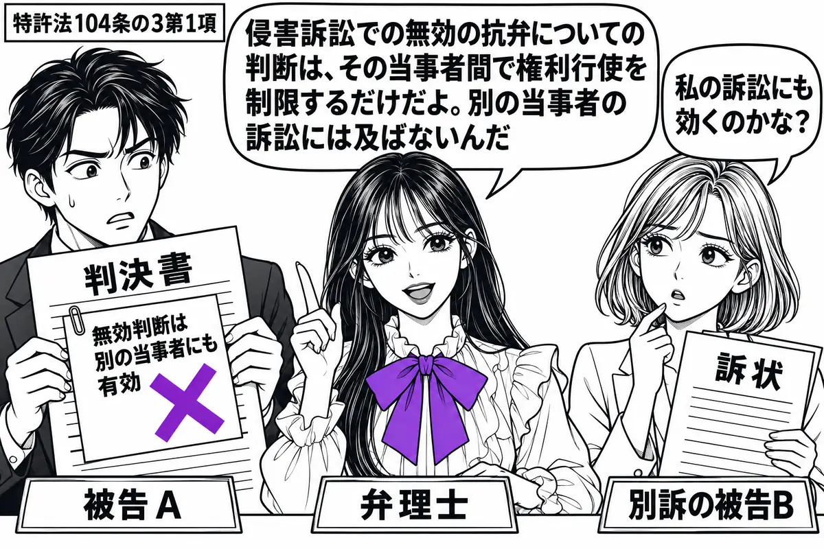 先生が中央の机に立つ弁理士役(札「弁理士」)。左に判決書を持つ男性(札「被告A」)、右に別の訴状を持つ女性(札「別訴の被告B」)。Aの判決書に付いた「無効判断は別の当事者にも有効」の付箋にヴァイオレットの×印。先生の吹き出し「侵害訴訟での無