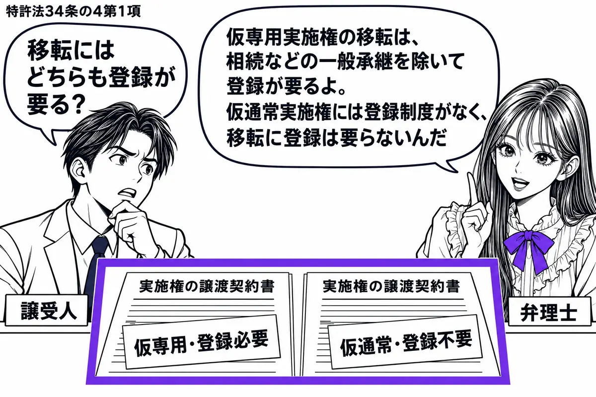 先生が右の机に立つ弁理士役(札「弁理士」)。左の男性(札「譲受人」)の前に実施権の譲渡契約書を二枚並べる。「仮専用・登録必要」と「仮通常・登録不要」の付箋をそれぞれ付け、二枚を一つのヴァイオレットの枠で囲む。先生の吹き出し「仮専用実施権の移