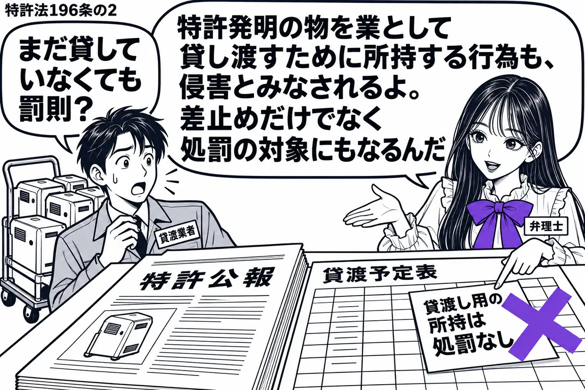 先生が右の相談机に立つ弁理士役(札「弁理士」)。左に貸出用の機械を積んだ台車と男性(札「貸渡業者」)。机には特許公報と貸渡予定表を置き、予定表に貼った「貸渡し用の所持は処罰なし」の付箋にヴァイオレットの×印。先生の吹き出し「特許発明の物を業