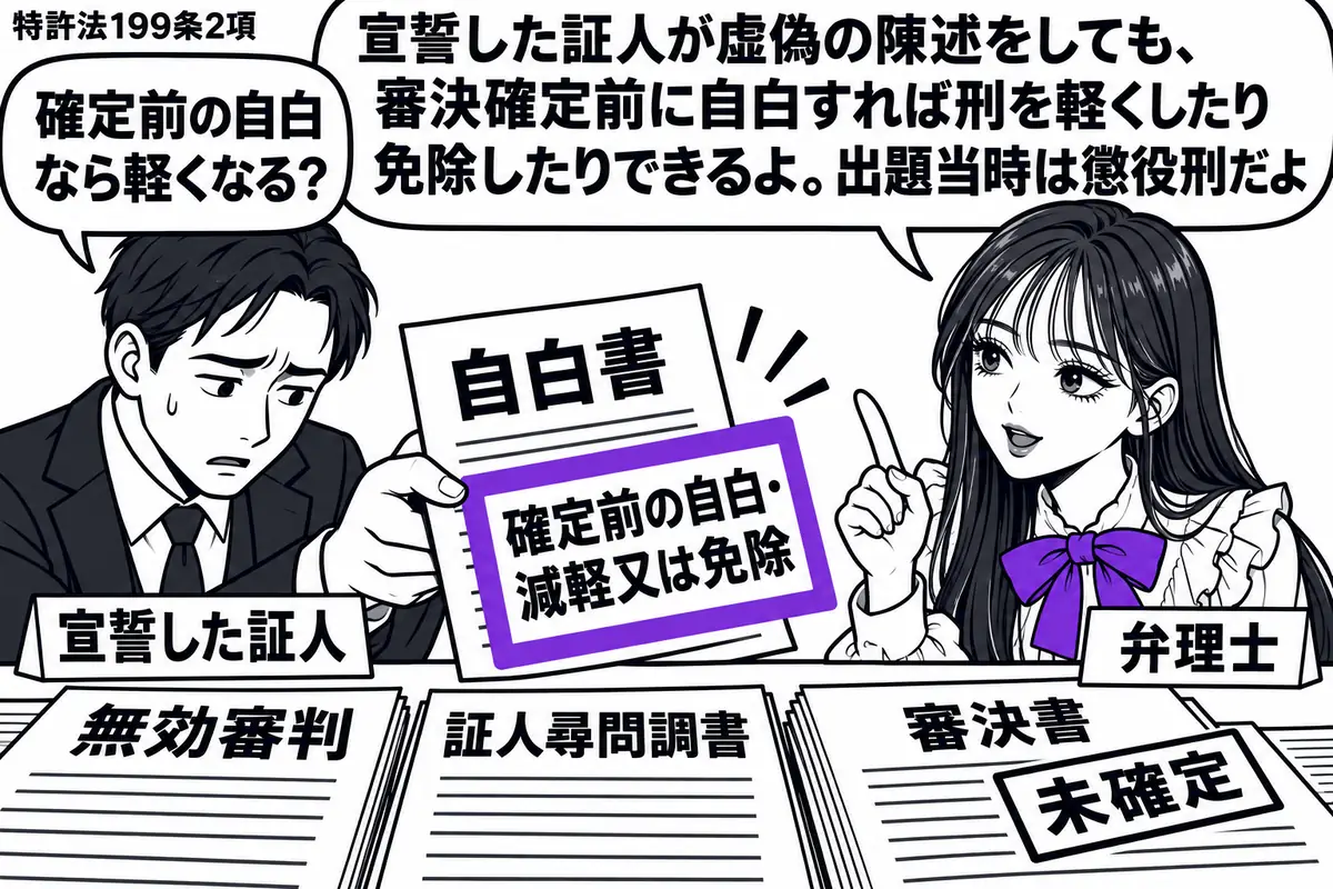 先生が右の相談机に立つ弁理士役（札「弁理士」）。左にうつむいた男性（札「宣誓した証人」）。机には無効審判の証人尋問調書と未確定の審決書を置く。男性が差し出す自白書の「確定前の自白・減軽又は免除」の付箋をヴァイオレットの枠で囲む。先生の吹き出